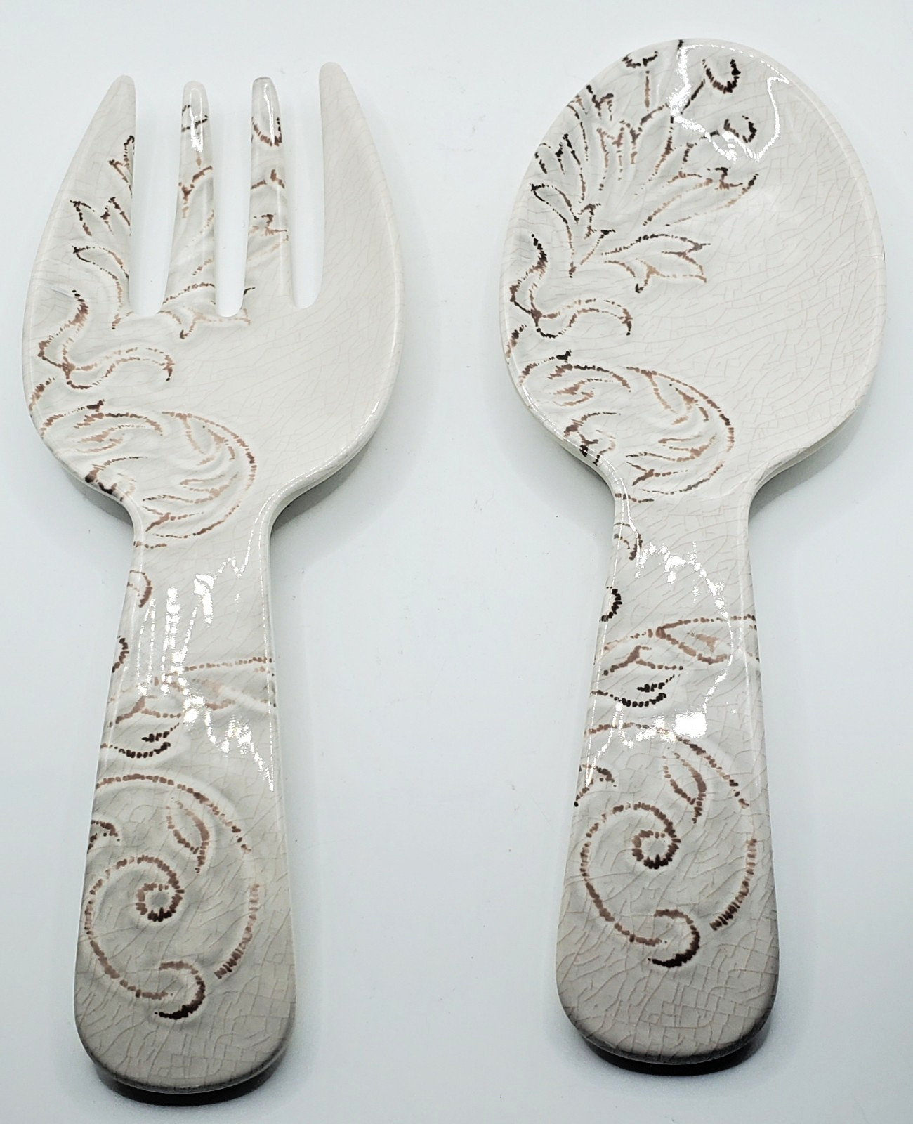 Aphorism Serving Salad Fork/Spoon Melamine Beige Crackle Set L10"xW3"