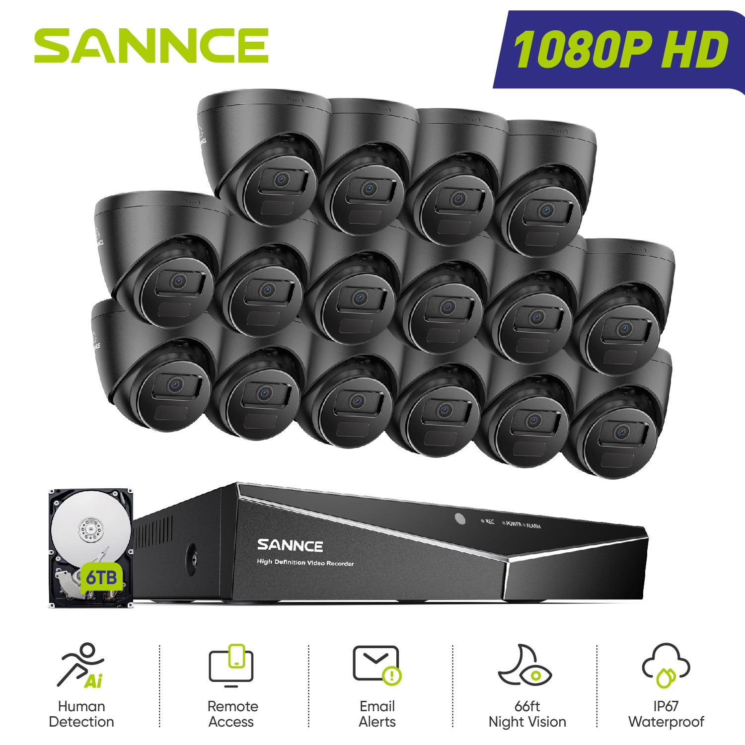 SANNCE 16CH HD 1080P Lite DVR 2MP Video CCTV Security Camera System AI Detection