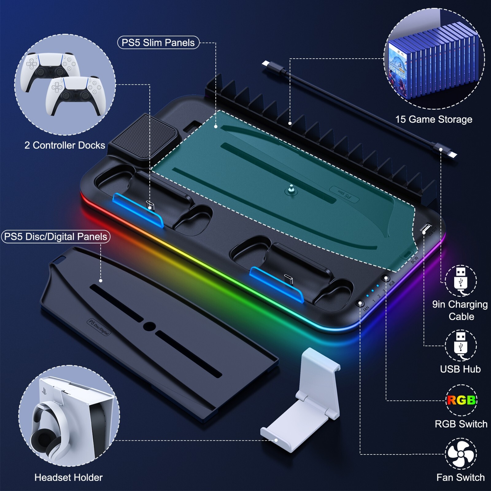 FOR PS5 Slim/Disc&Digital Editions PS5 Slim Controller Charger Stand+Cooling Fan