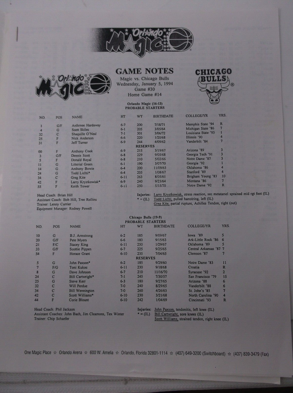 Budweiser Games Notes ORLANDO MAGIC vs CHICAGO BULLS January 5, 1994