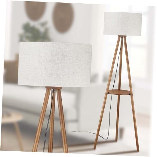 Wood Tripod Floor Lamp with 3 Color Temparature FSC Brown Wood and Linen Shade