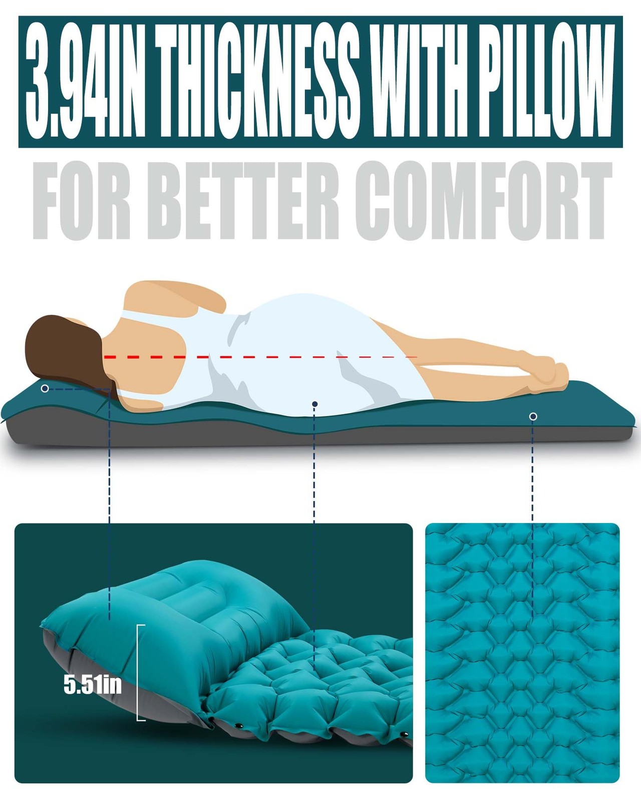 Camping Sleeping Pad With Pillow Extra Thick 3.9 Inch Ultralight Self Inflating