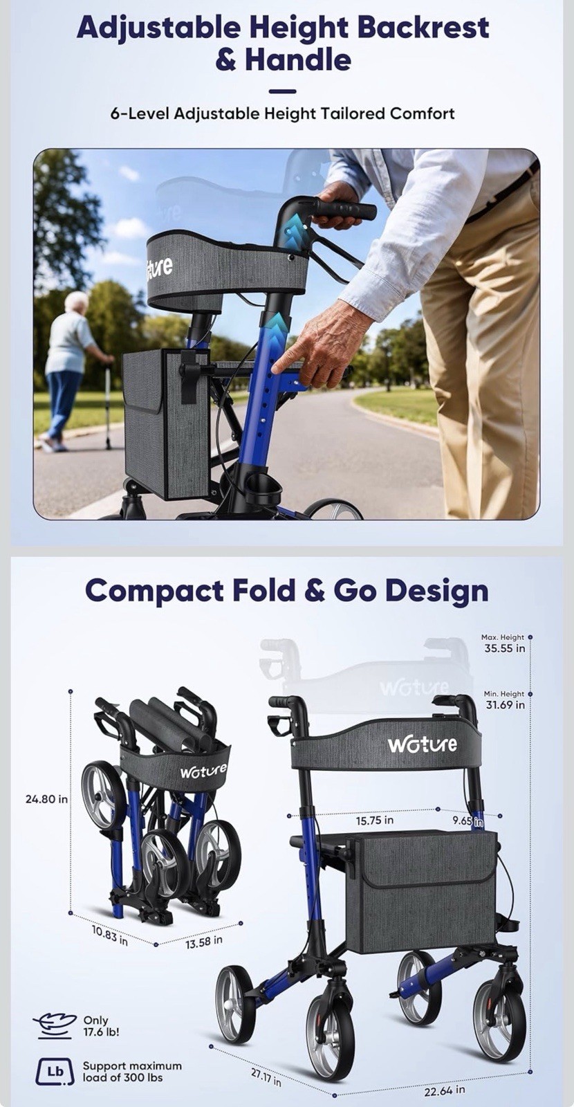 Walkers for Seniors, Foldable Walker with Seat, Rollator Walker - Blue