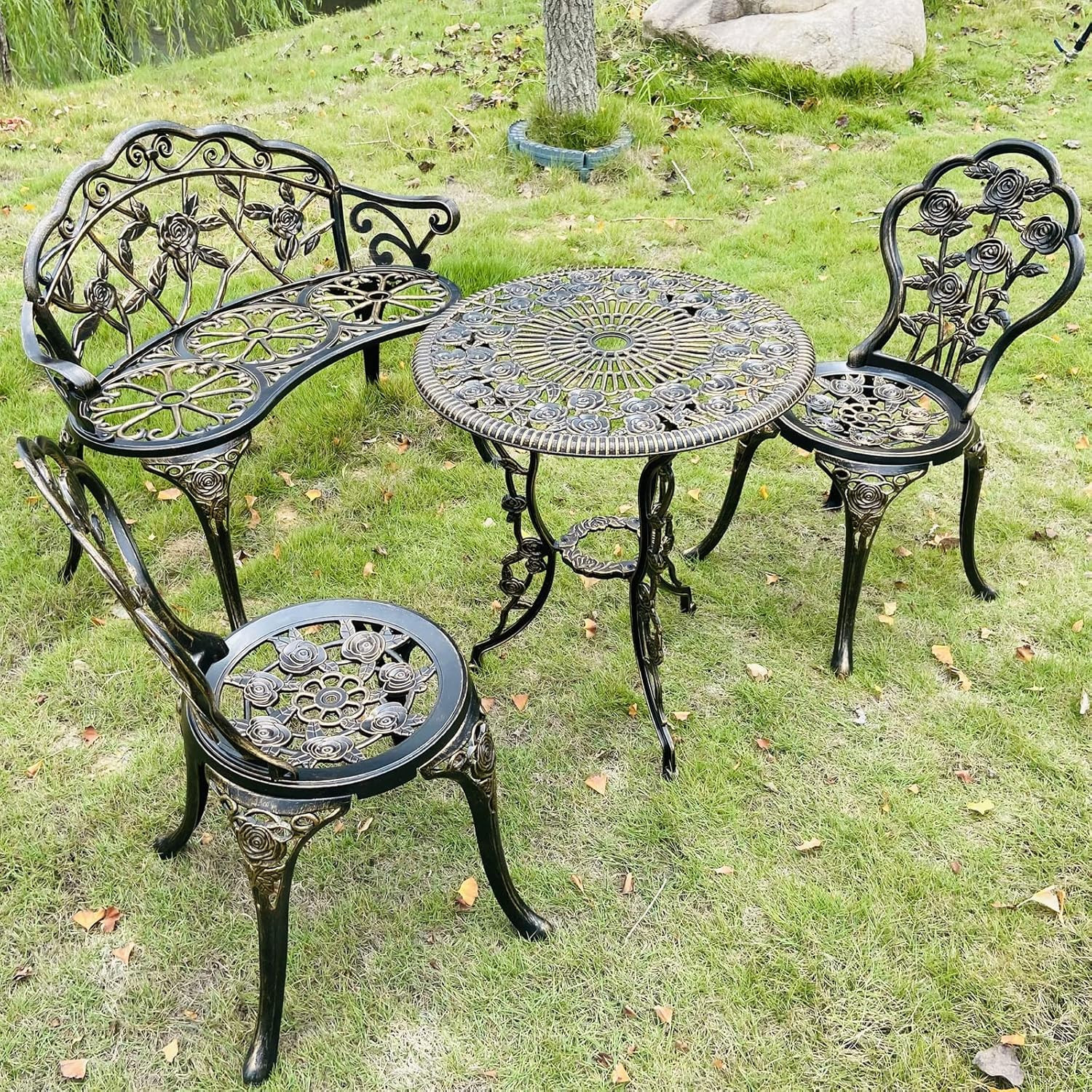 4-Piece Balcony Tables and Chairs, 1 Table, 2 round Chairs and 1 Bench, Metal Ca