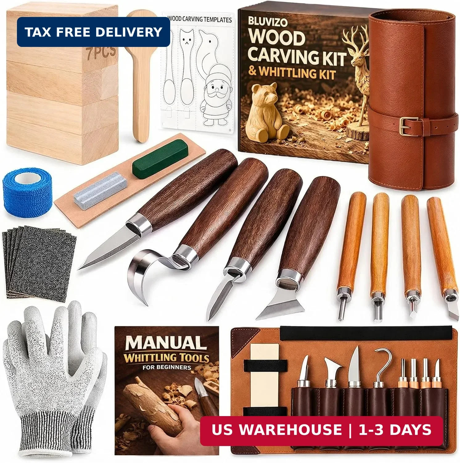 Wood Carving Kit Whittling Kit: Deluxe Wood Carving Tools Knife Set with Leather