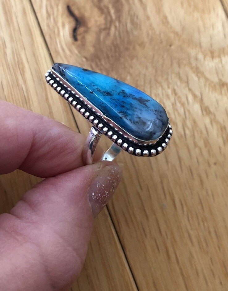 Marine Blue Dendritic Opal Arrow Ring Size 7 Raindrop Design Bezel