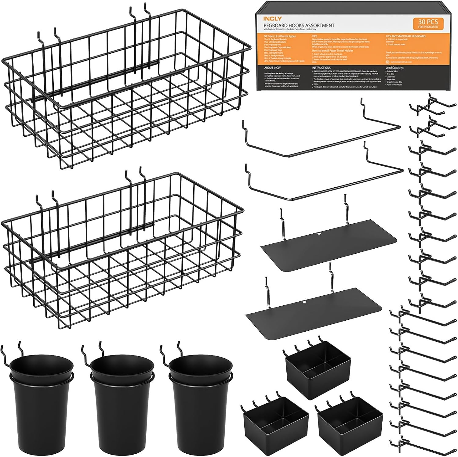 INCLY 30PCS Pegboard Organizer Kit w/Bins, Cups, Baskets, Hooks