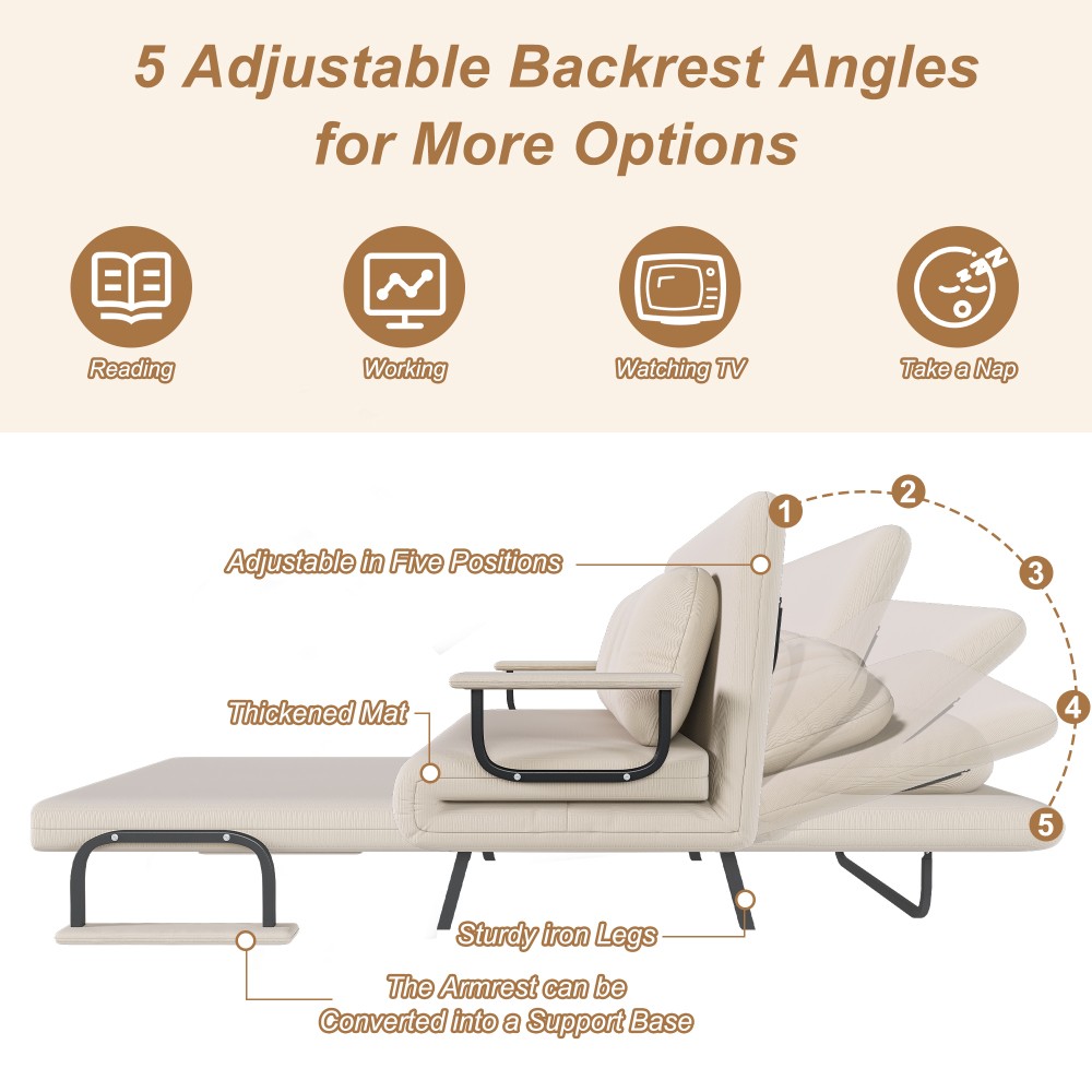 Folding Sofa Bed 5-in-1 Convertible Chair for Position Adjustable Backrest