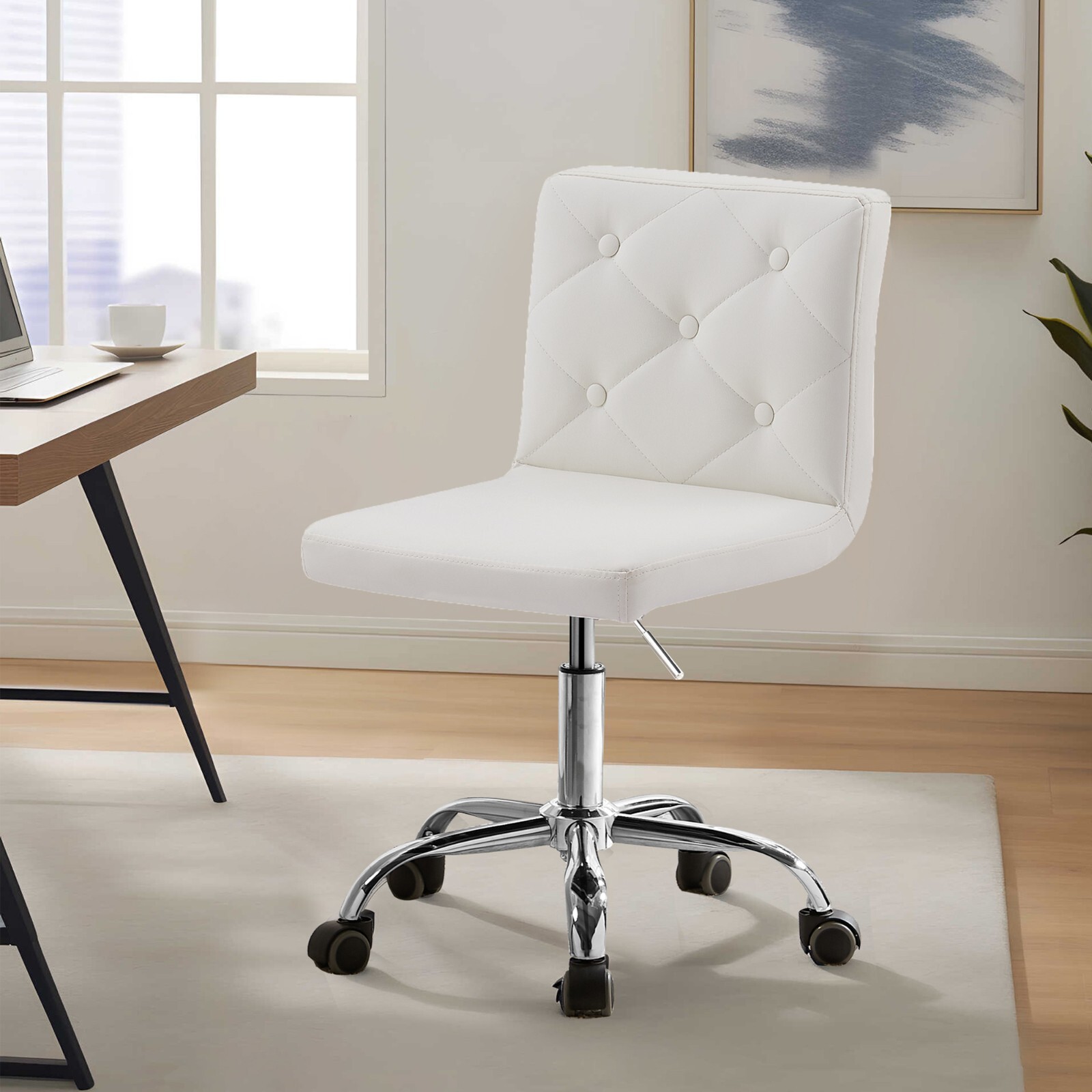 Home Office Chair Leather Rolling Task Chair Armless Vanity Chair Swivel Stool