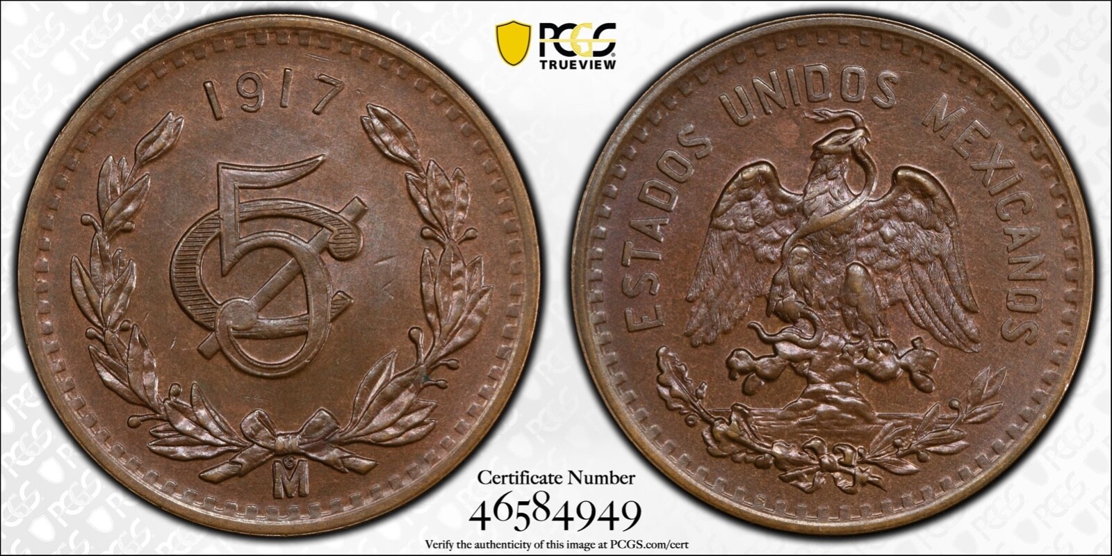 MEXICO ESTADOS UNIDOS 1917  5 CENTAVOS COIN, PCGS CERTIFIED UNCIRCULATED MS63-BN