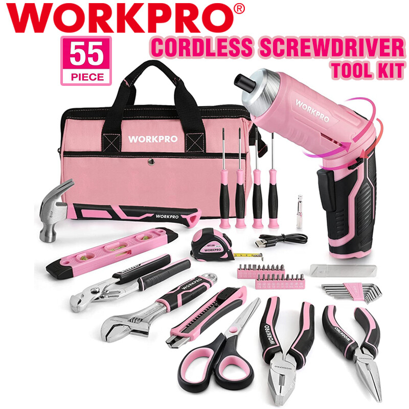 WORKPRO 55-Piece Tool Set 3.7V Rotatable Cordless Screwdriver Household Tool Kit