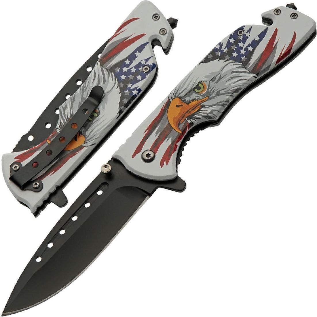 Spring-Assist Pocket Folding Rescue Knife Black Stainless Steel Blade USA Eagle