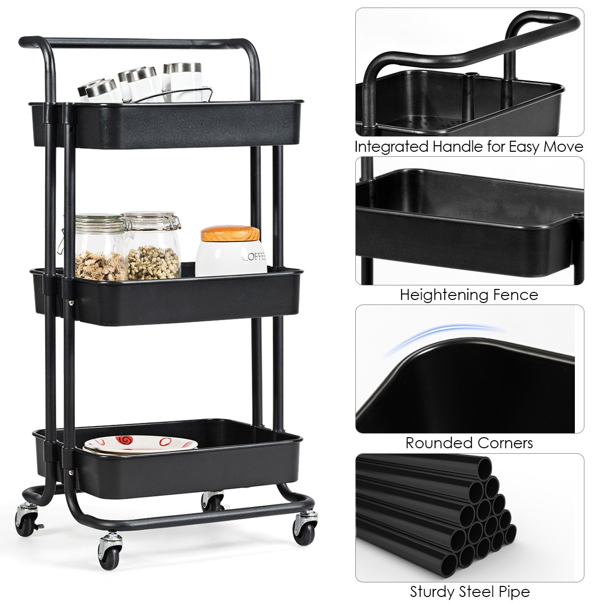 3 Tier Rolling Cart with Wheels Practical Handle & ABS Basket Organizer Black