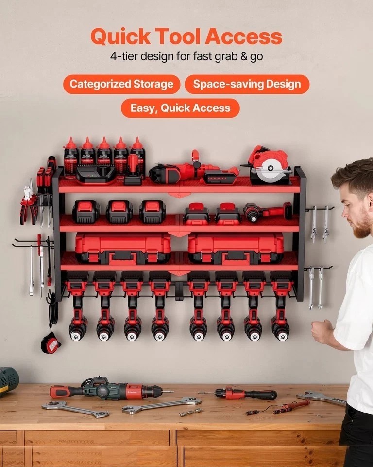 Power Tool Organizer Wall Mount 4-Layer Drill Storage Rack 8 Drill Holders