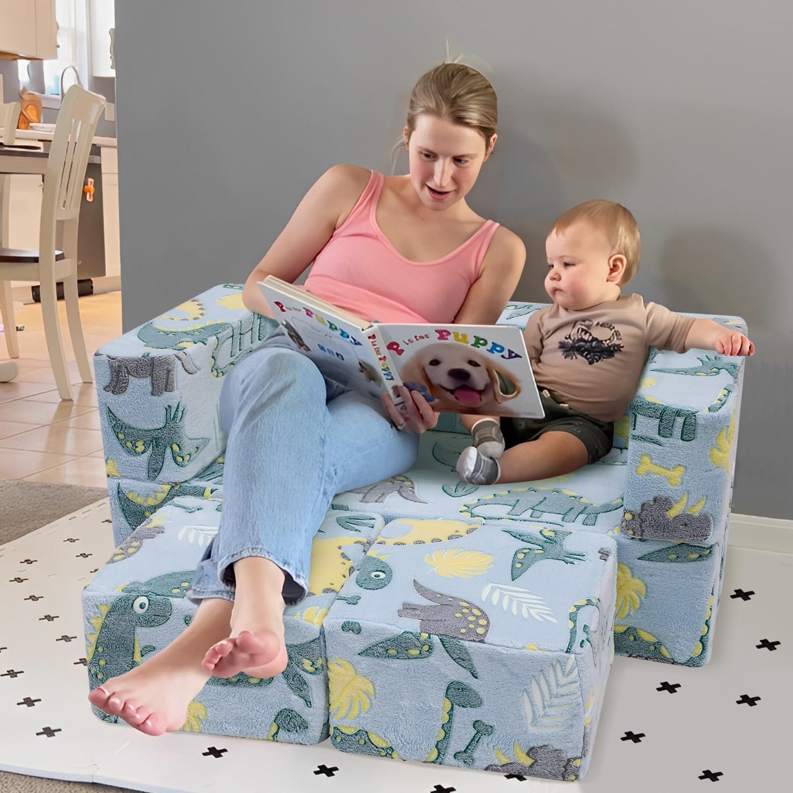 Glow-in-The-Dark Dinosaur Loveseat - Modular Play Couch That Folds Out, Conve...