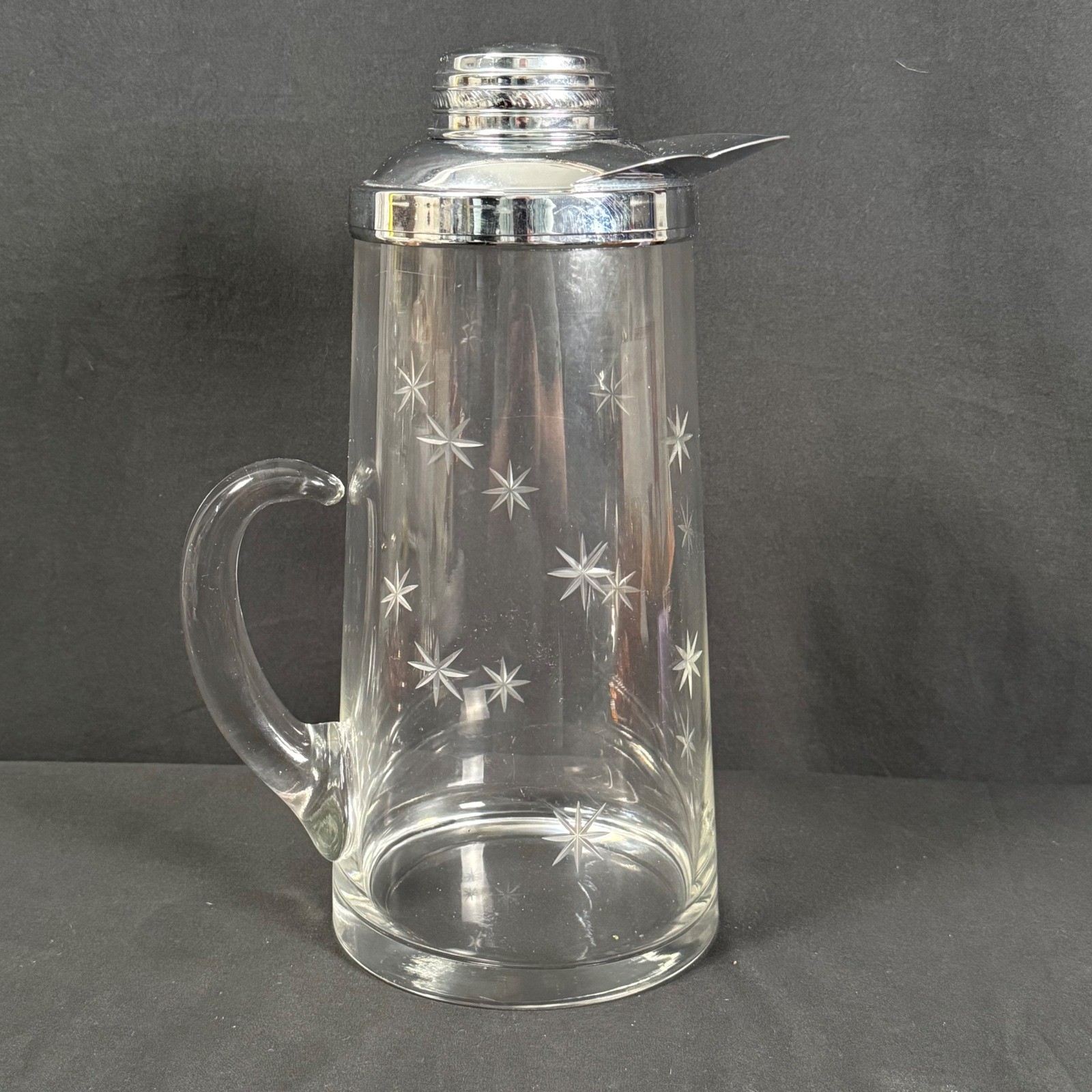 Gilley Chill It Etched Starburst Glass Cocktail Pitcher Chrome Lid Vintage 50s