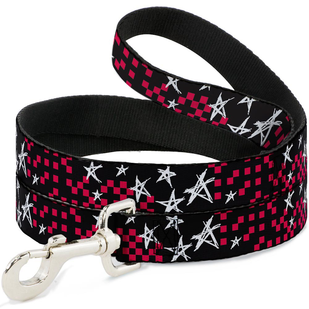 Dog Leash Sketch Stars w/Checkers Black/Fuchsia/White NARROW 0.5"