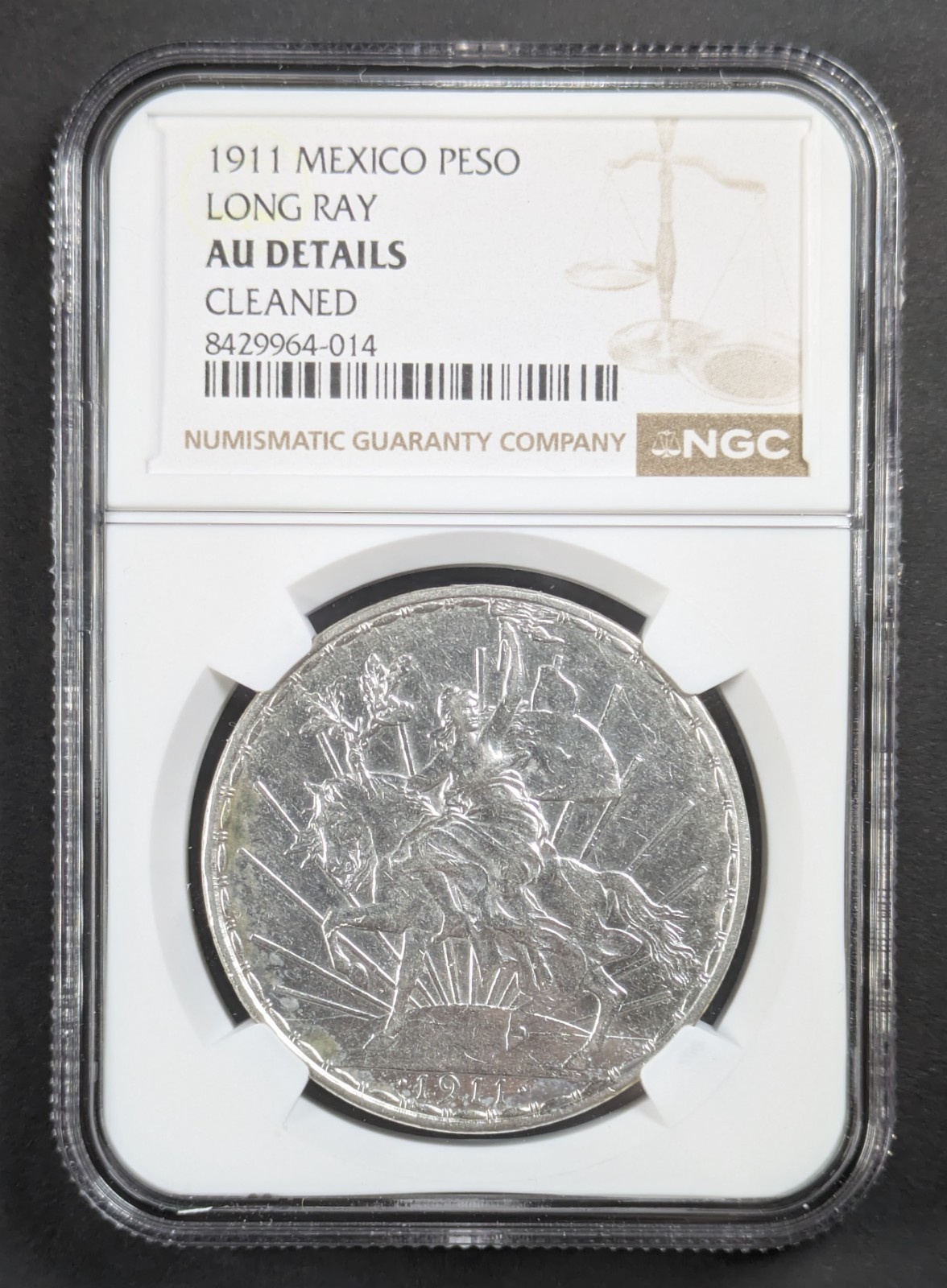 1911 Mexico Silver Peso Long Ray NGC AU Details Cleaned
