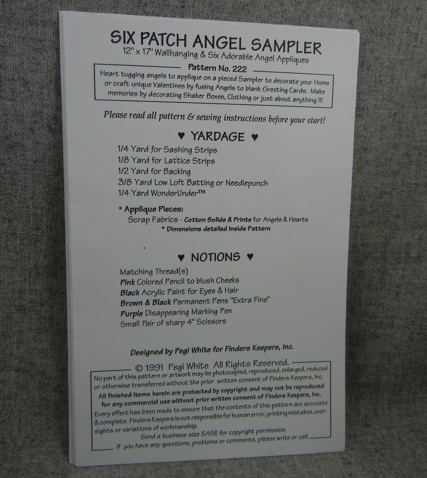 Six Patch Angel Sampler Quilt Pattern Finders Keepers Wallhanging Angels Uncut