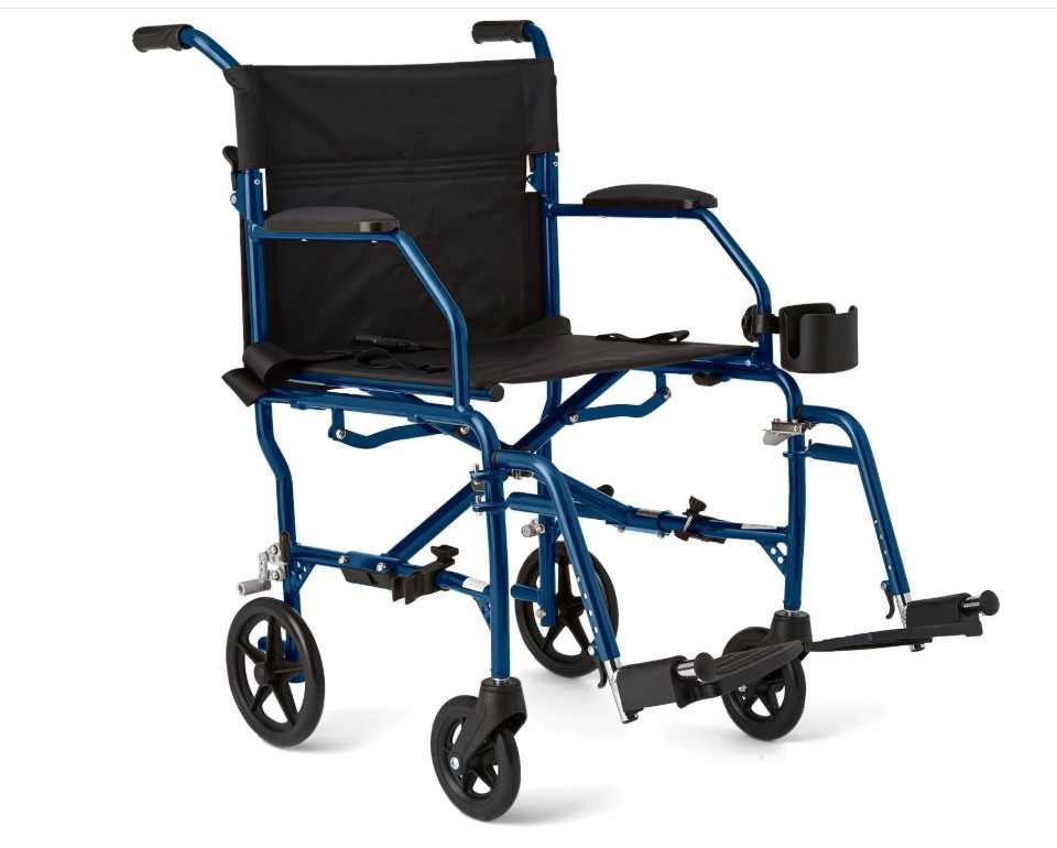 Medline Ultra Lightweight Adult Transport Wheelchair 19 Inch Seat, 300lb, Blue