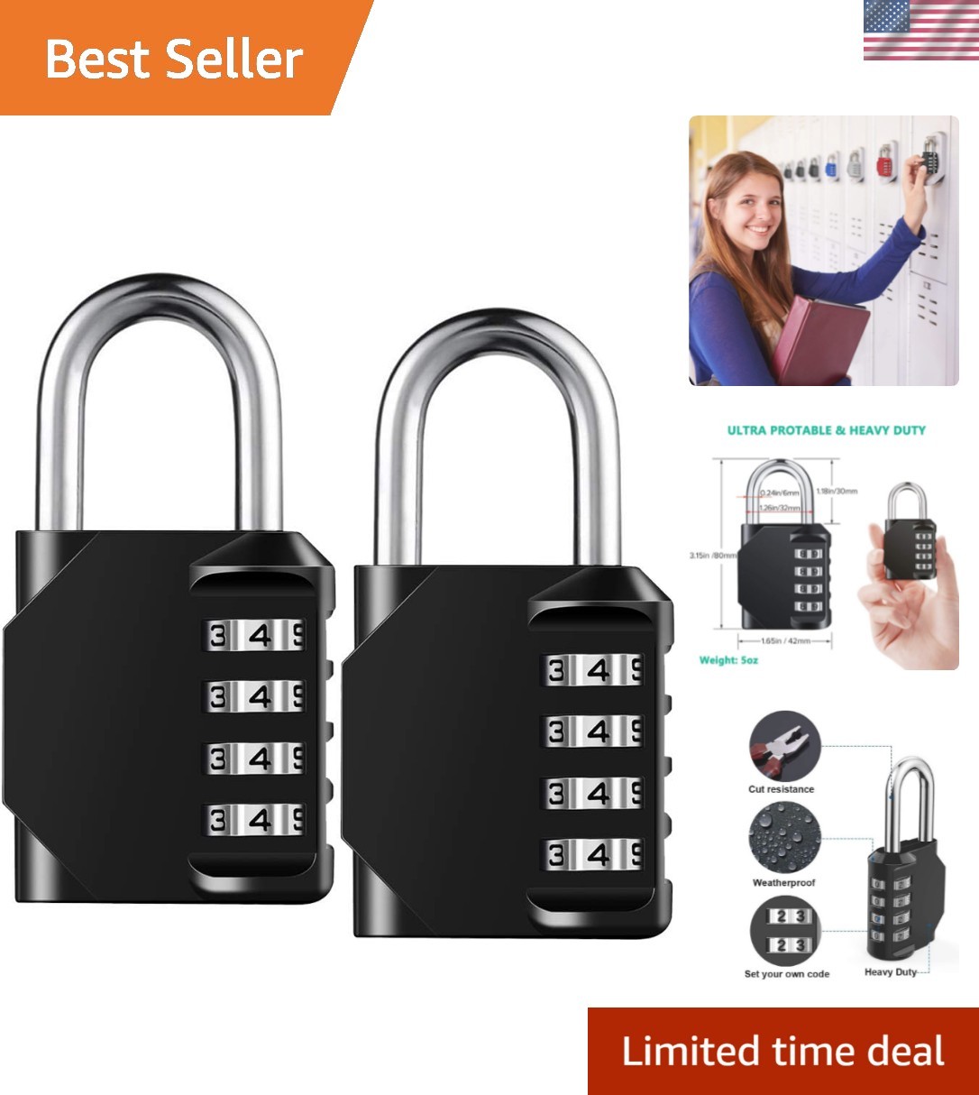Combination Lock Resettable 4 Digit Padlock with Combination, Waterproof and ...