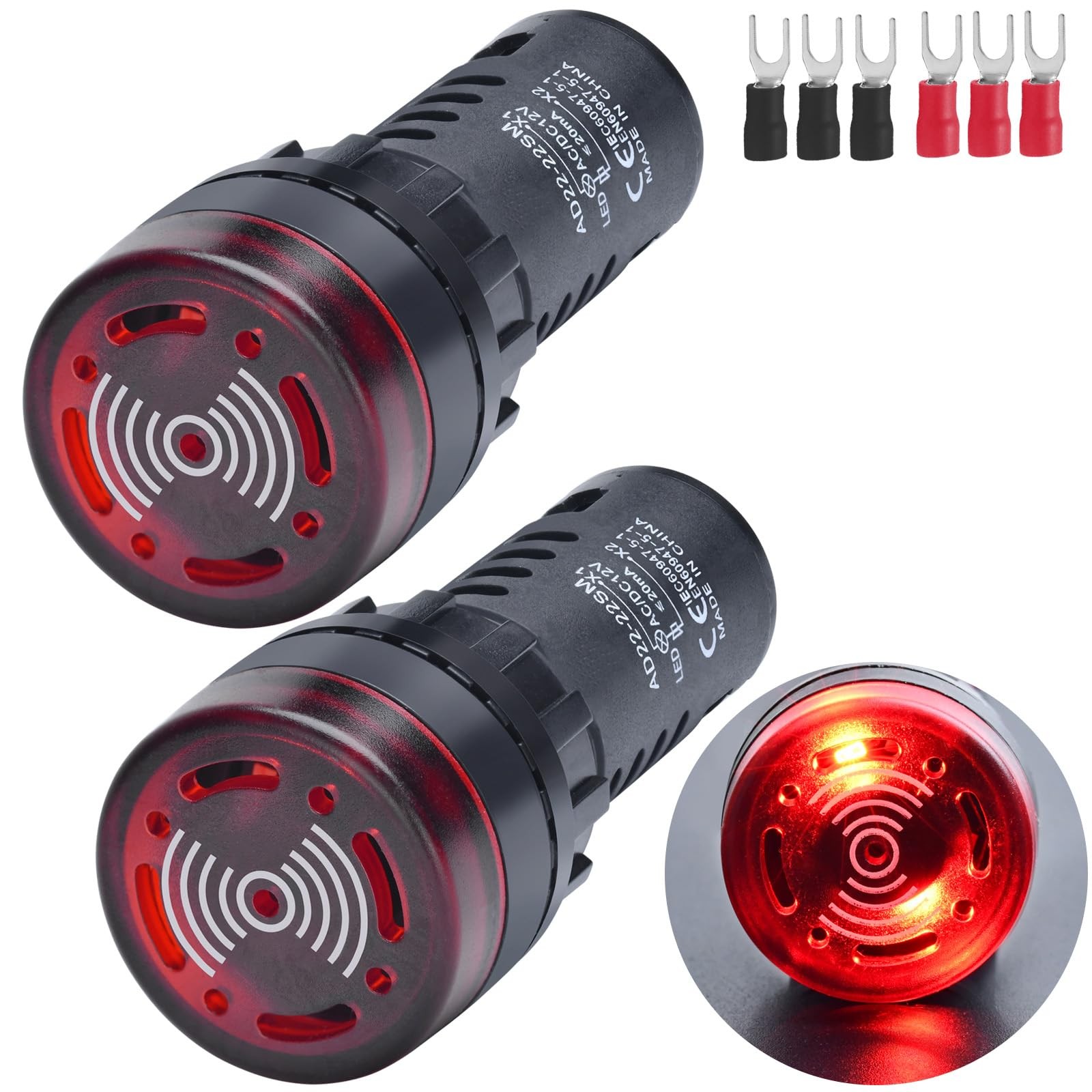 22mm Piezo Buzzer Red Indicator Light Lamp Round, With Light,12VDC