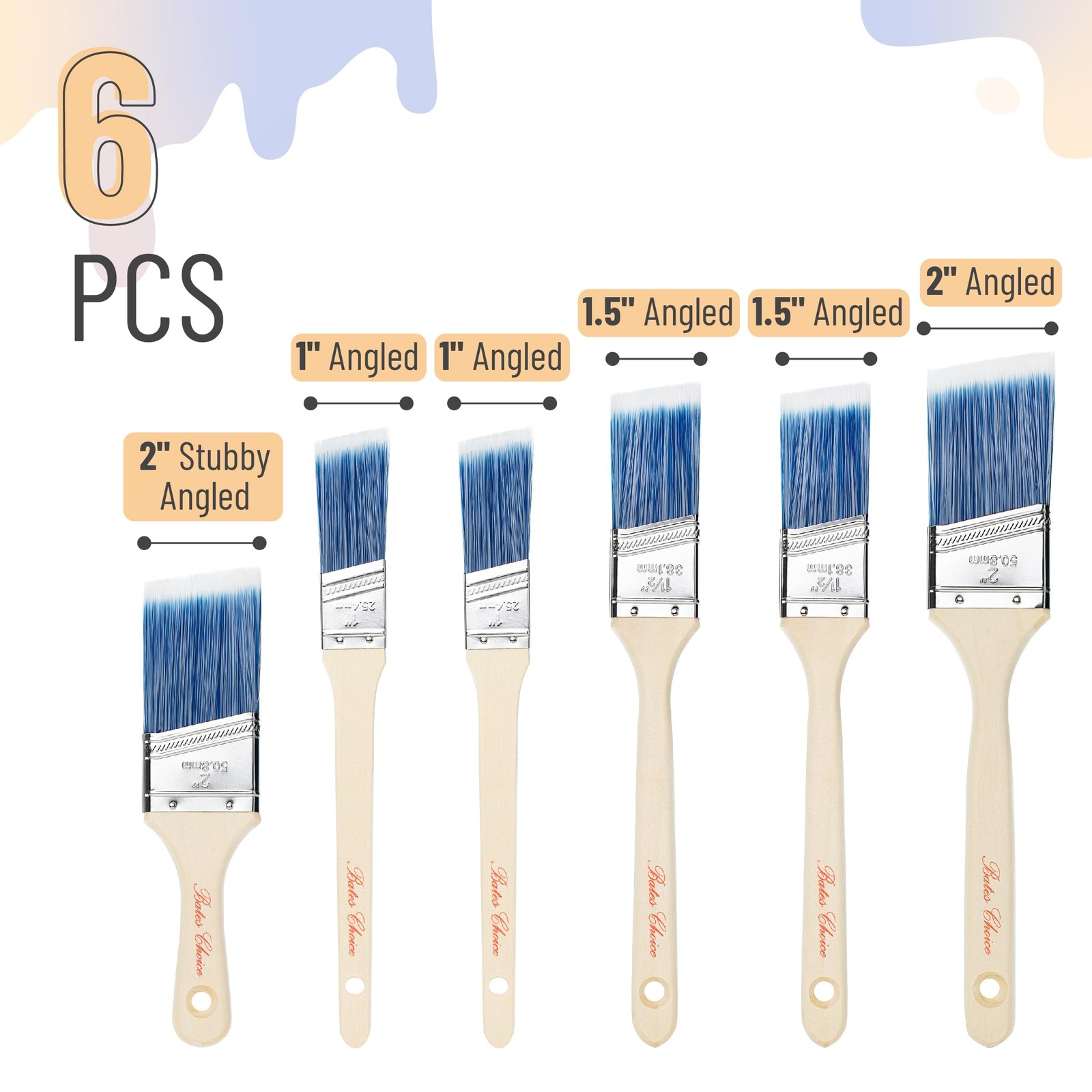 Bates Paint Brushes - 6 Pack, 1", 1.5", 2" Angle Brushes, Treated Wood Handle fo