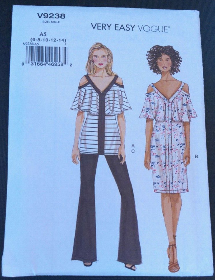 Vogue Pattern V9238 Ms Top & Dress w/Cold Shoulder & Opts  & Pull-on Pants 6-14