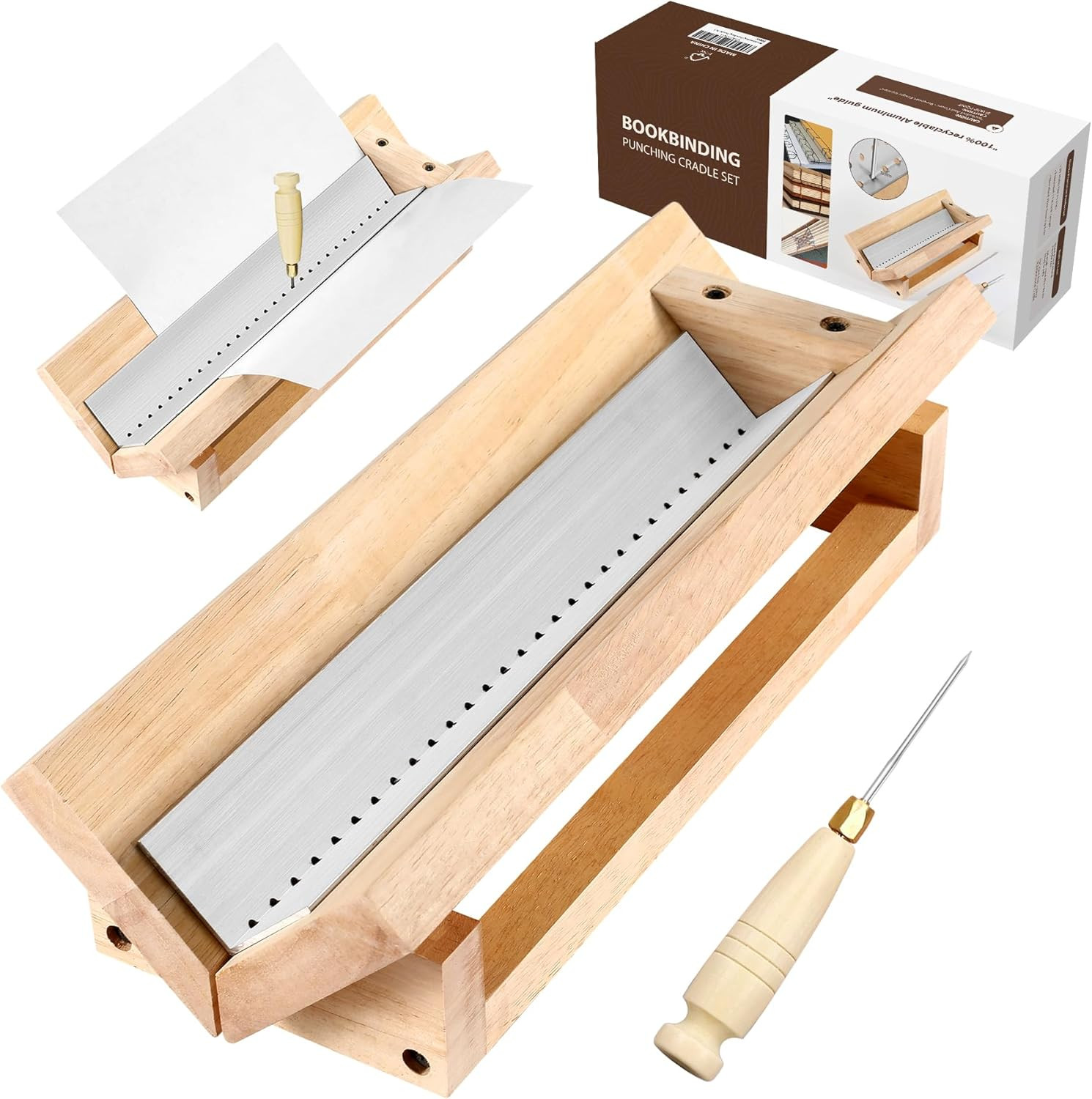 Bookbinding Punching Cradle with Aluminum Piercing Guide, with a Wooden-Handled