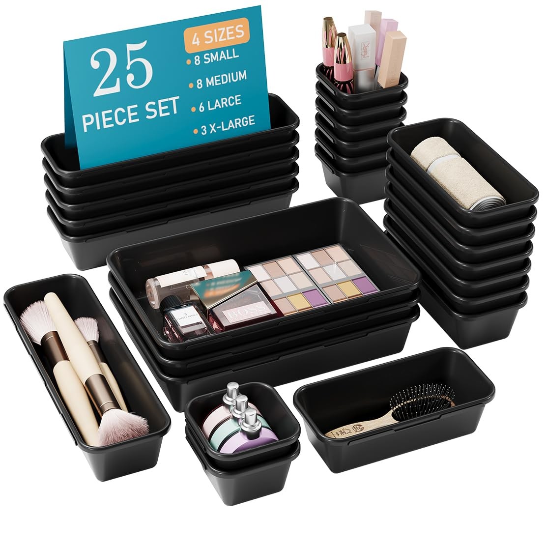 25 PCS Black Drawer Organizer Set, 4 Size Interlocking Plastic Storage Bins f...