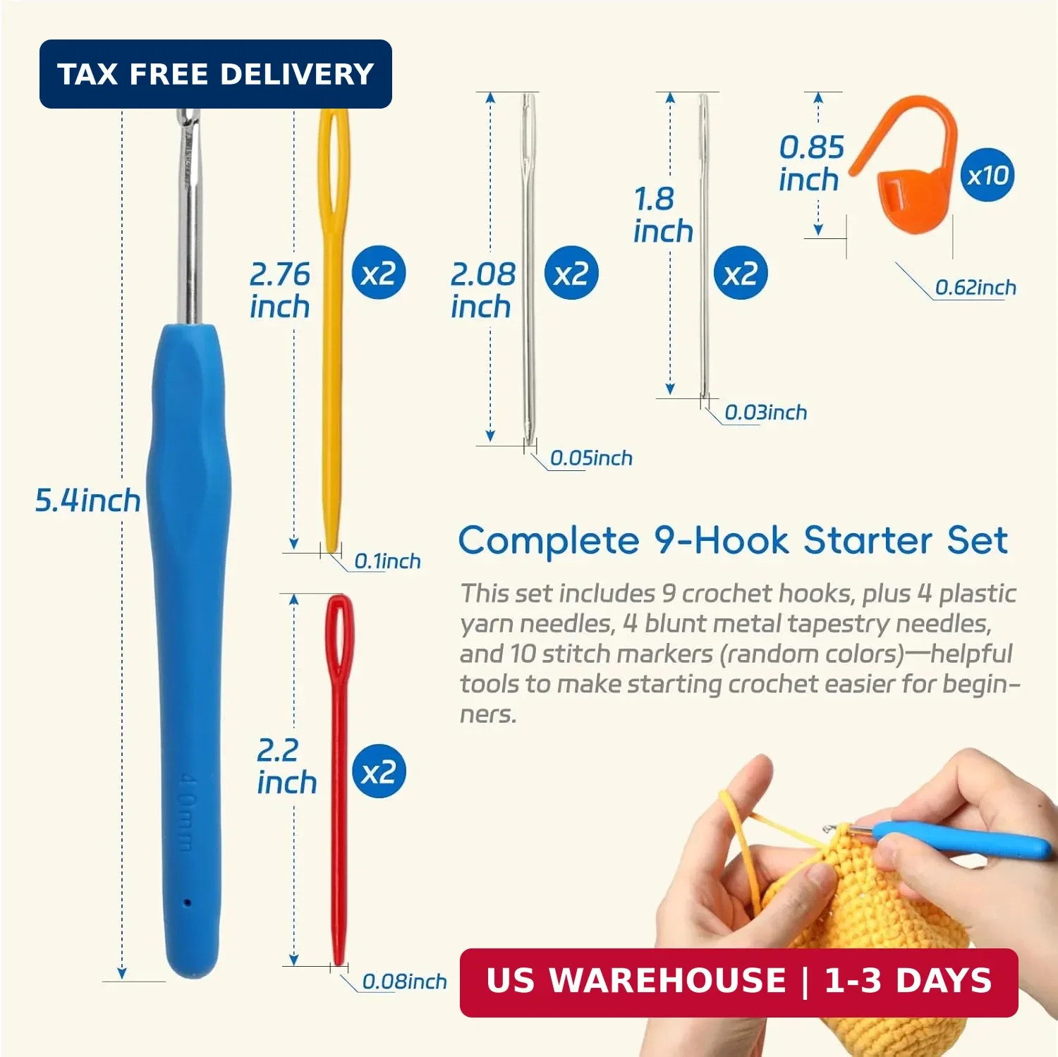 9PCS Ergonomic Crochet Hooks Set by Flickzo - Aluminum Crochet Hook Set with Sof