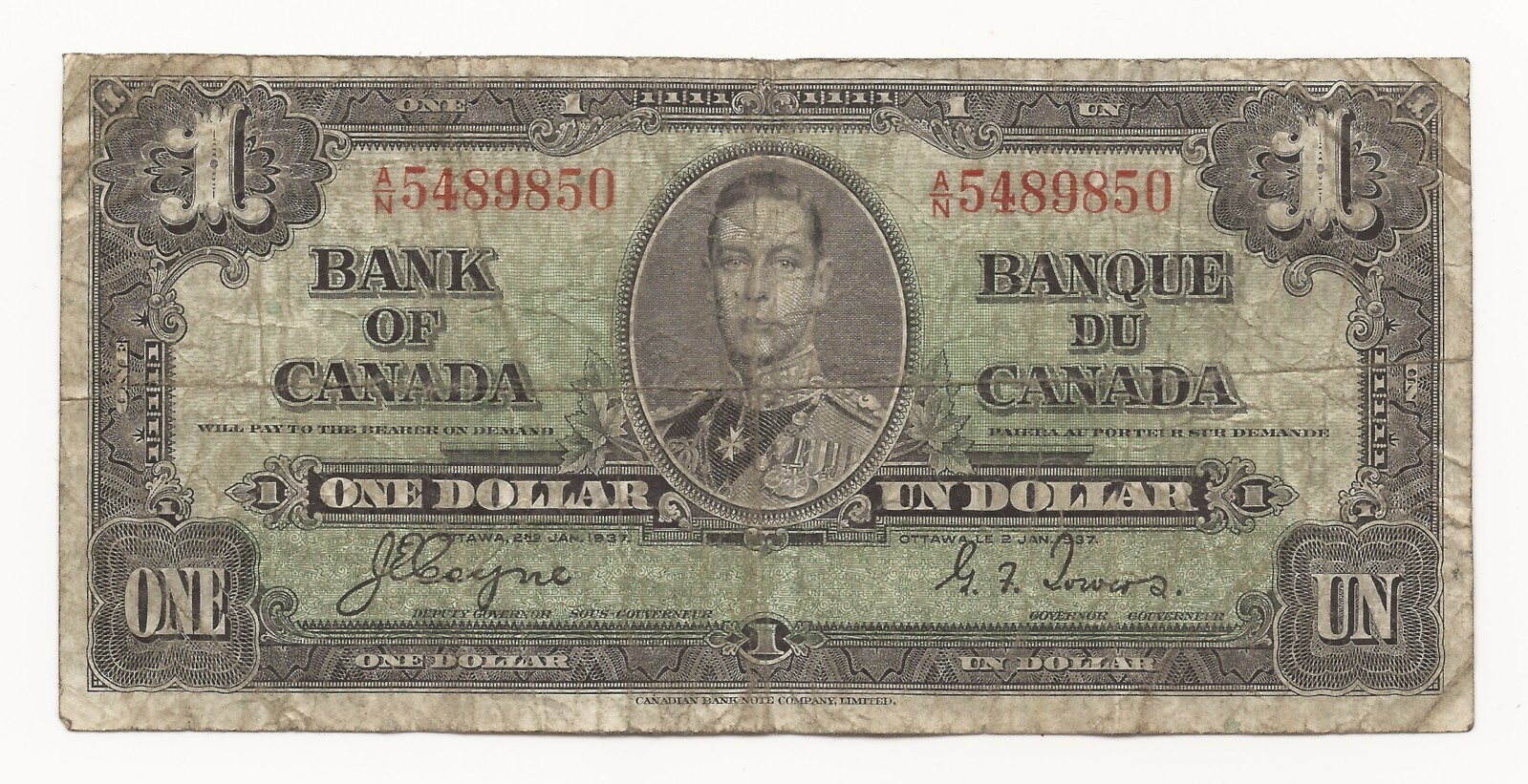 1937 $1 Dollar Bill Bank Of Canada Ottawa 850-DF