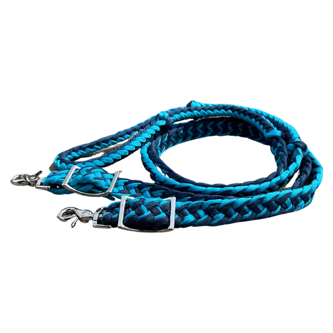 Braided Barrel Reins 8 ft long with 2 Scissor Snaps Navy/Sky Blue #55027
