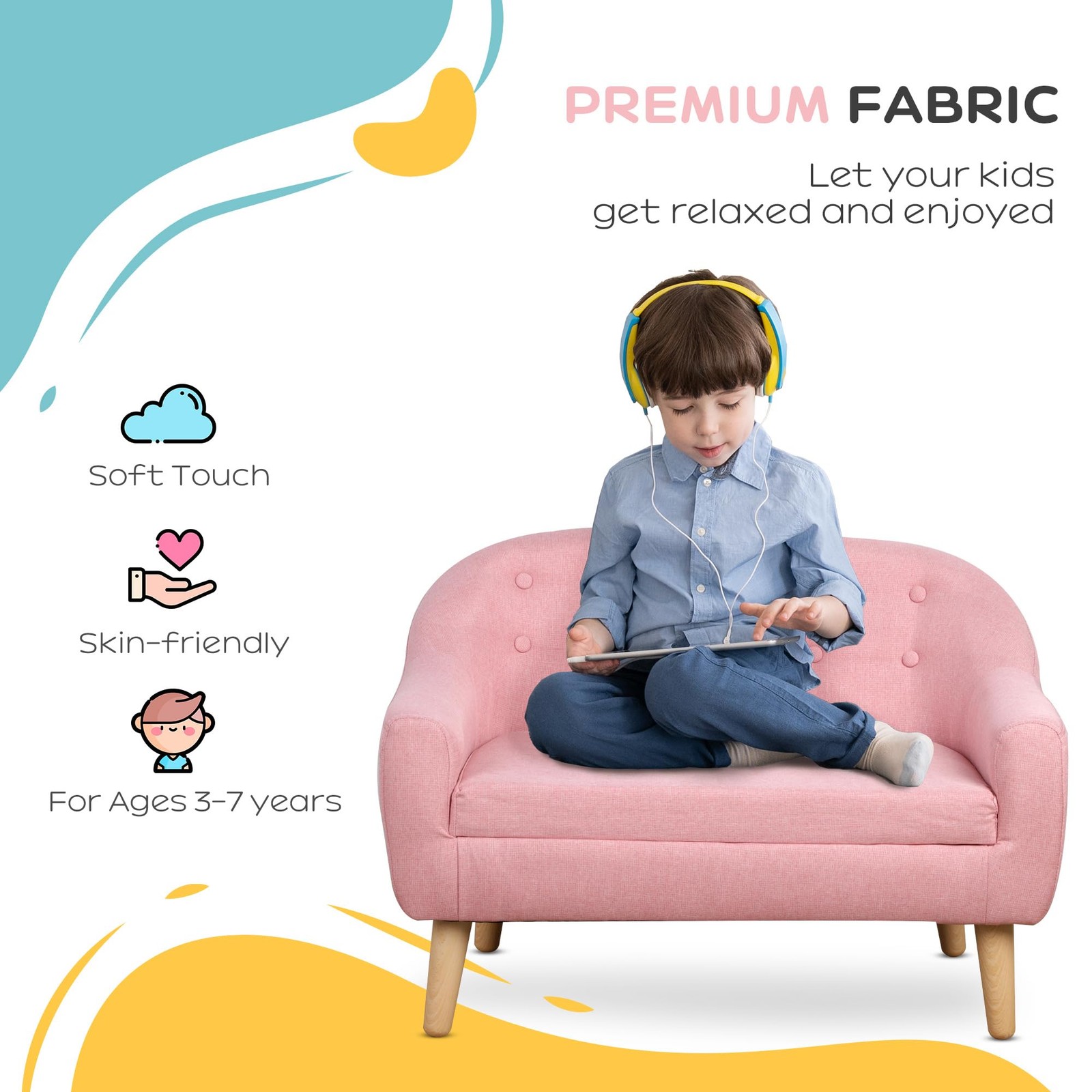 2-Seat Kids Sofa, Toddler Sofa Couch, Linen-Like Fabric and Wooden Frame Sofa...
