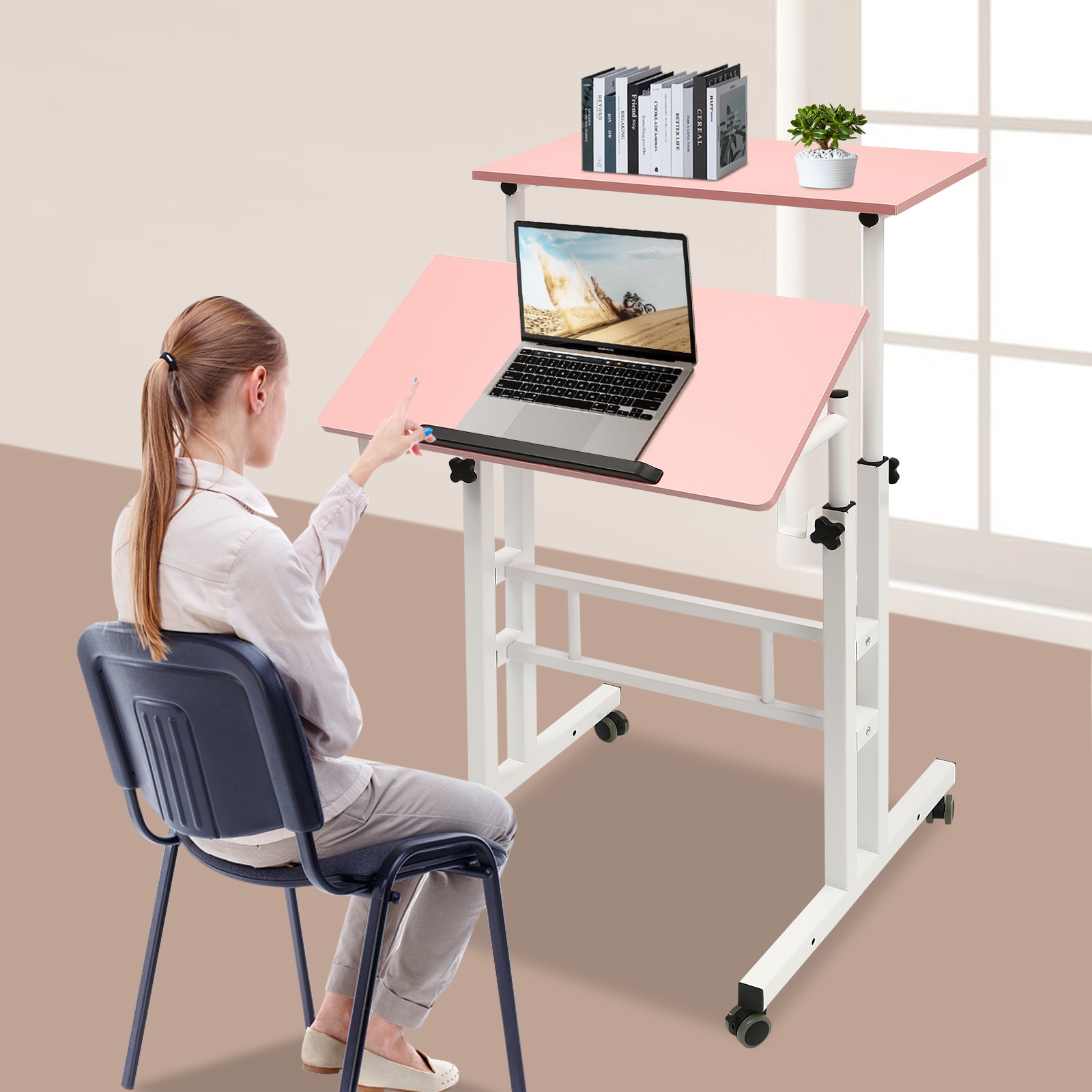 Mobile Adjustable Standing Desk with Dual Desktop for Home & Office