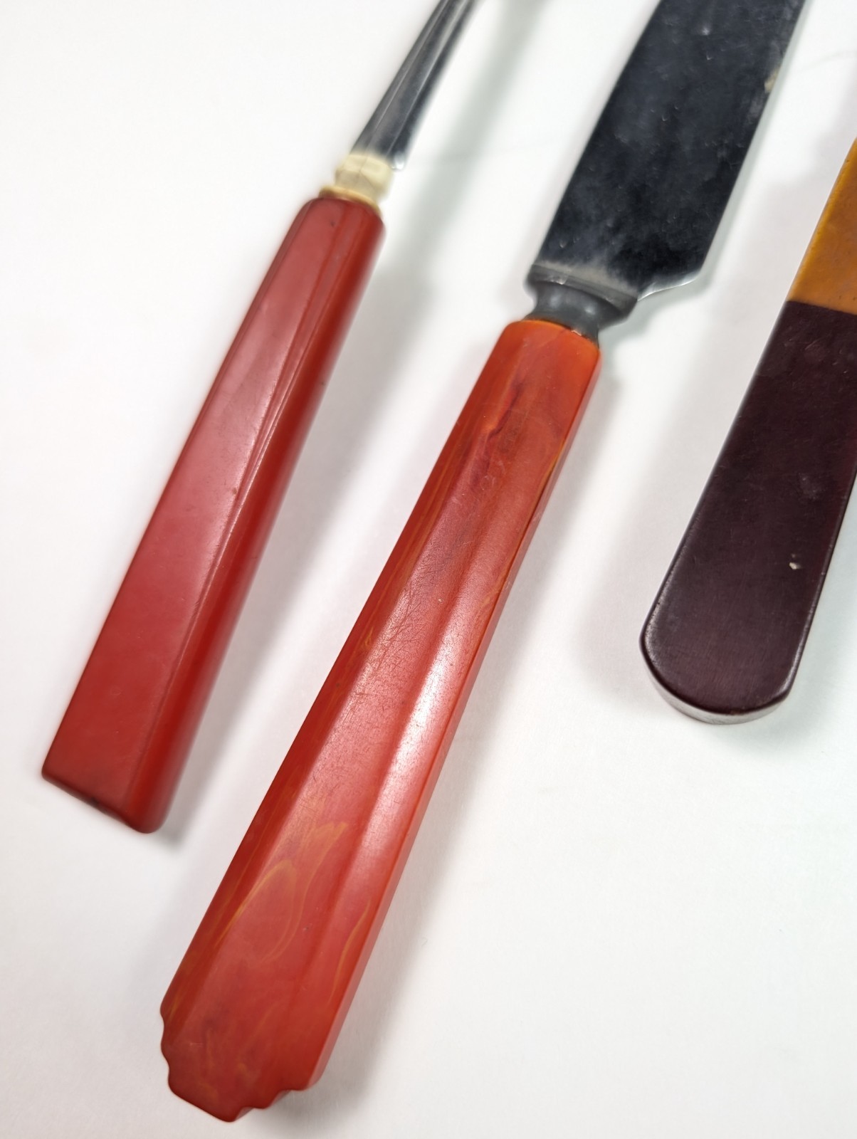 Red Bakelite Flatware Set Two Tone Cherry Red Amber 5 Piece Spoon Knife