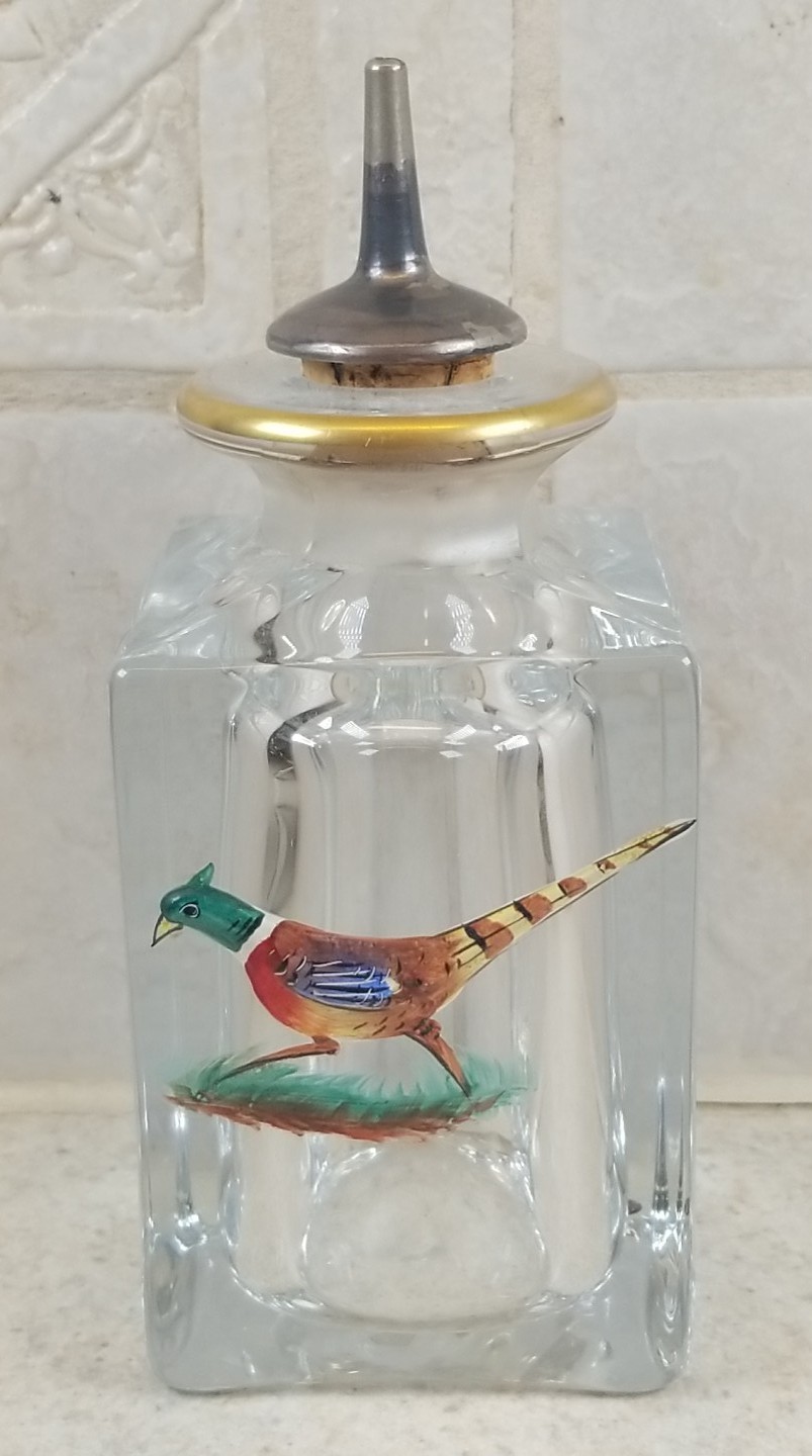 Vtg Depression Era Barware Glass Bitters Bottle Flying Pheasant w/Dasher 5 1/2"