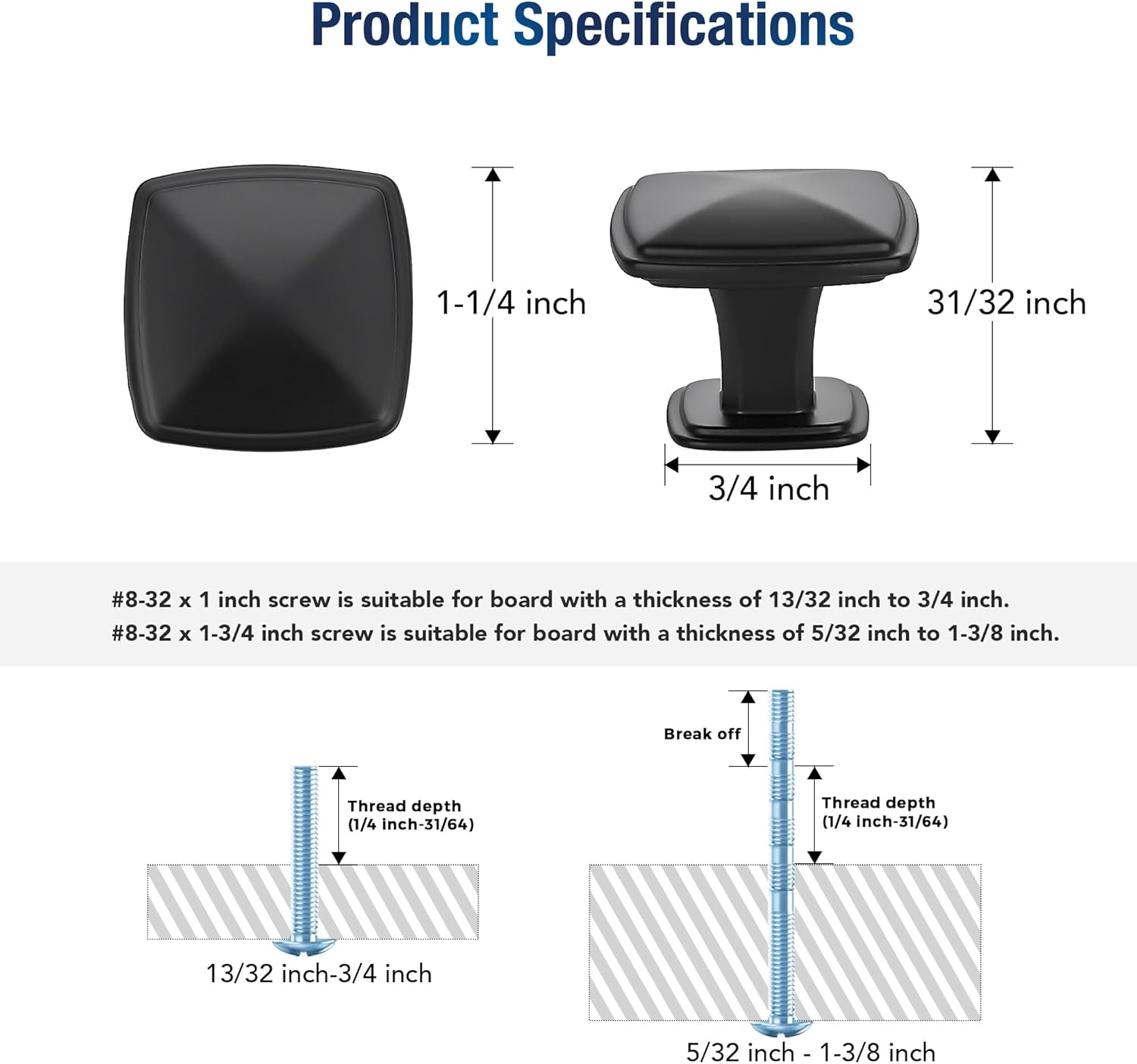 JOY DECOR 10 Pack Black Square Cabinet Knobs - Single 10 Pack, Matte