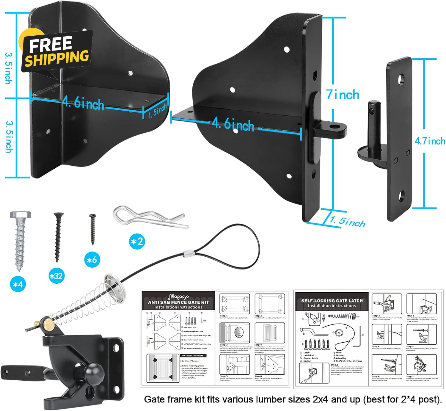 Fence Gate Kit Gate Latch Hinges Anti Sag Corner Brace Hardware 90° 1 Set Kit