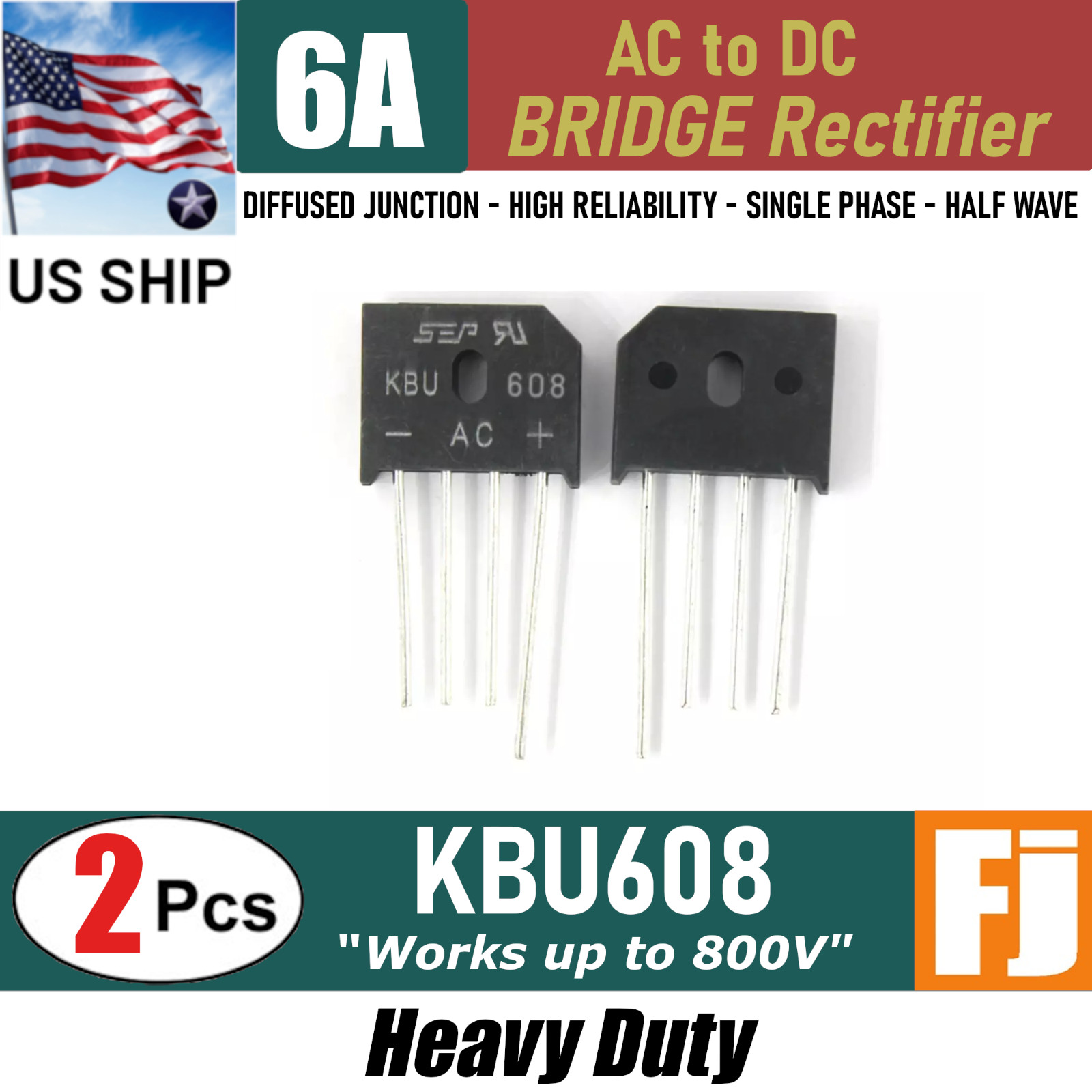 2x KBU608 Bridge Rectifier | KBU608 Bridge Rectifier 800V 6A | US Ship