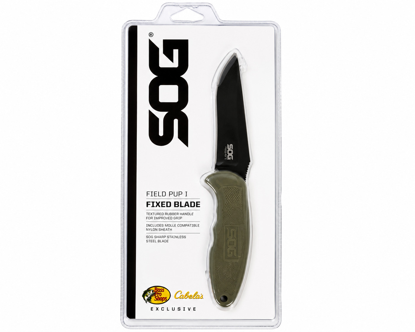SOG Field Pup I Fixed Blade Knife Bass Pro/Cabela's Exclusive OD Green w/ Nylon