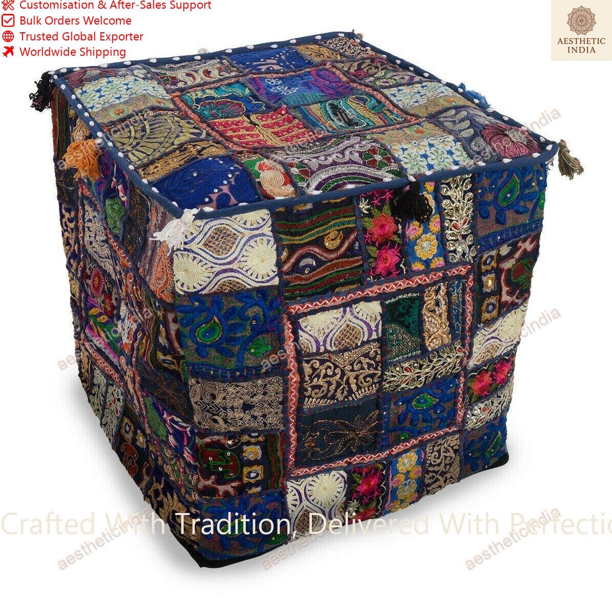 Rajasthani Handmade Vintage Home Decor Designers Khambari Square Pouf