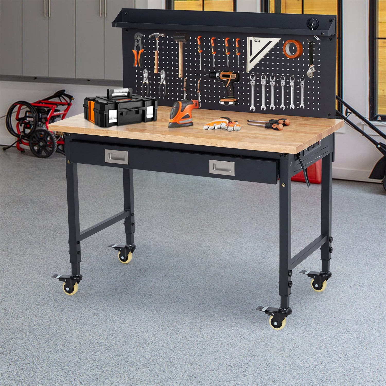 48" Work Benches for Garage Adjustable Workbench Wheels Pegboard Drawers 2000L