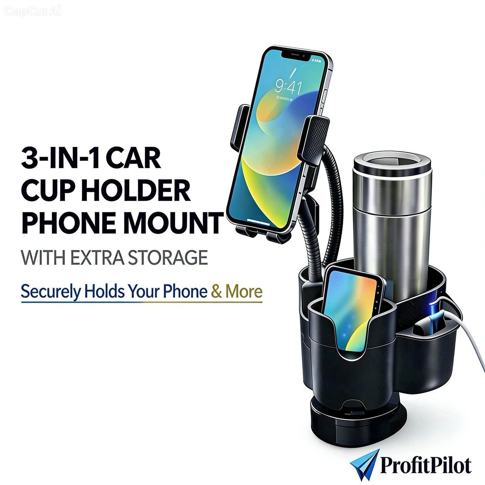 3-in-1 Car Cup Holder Phone Mount USB Charger for iPhone Android