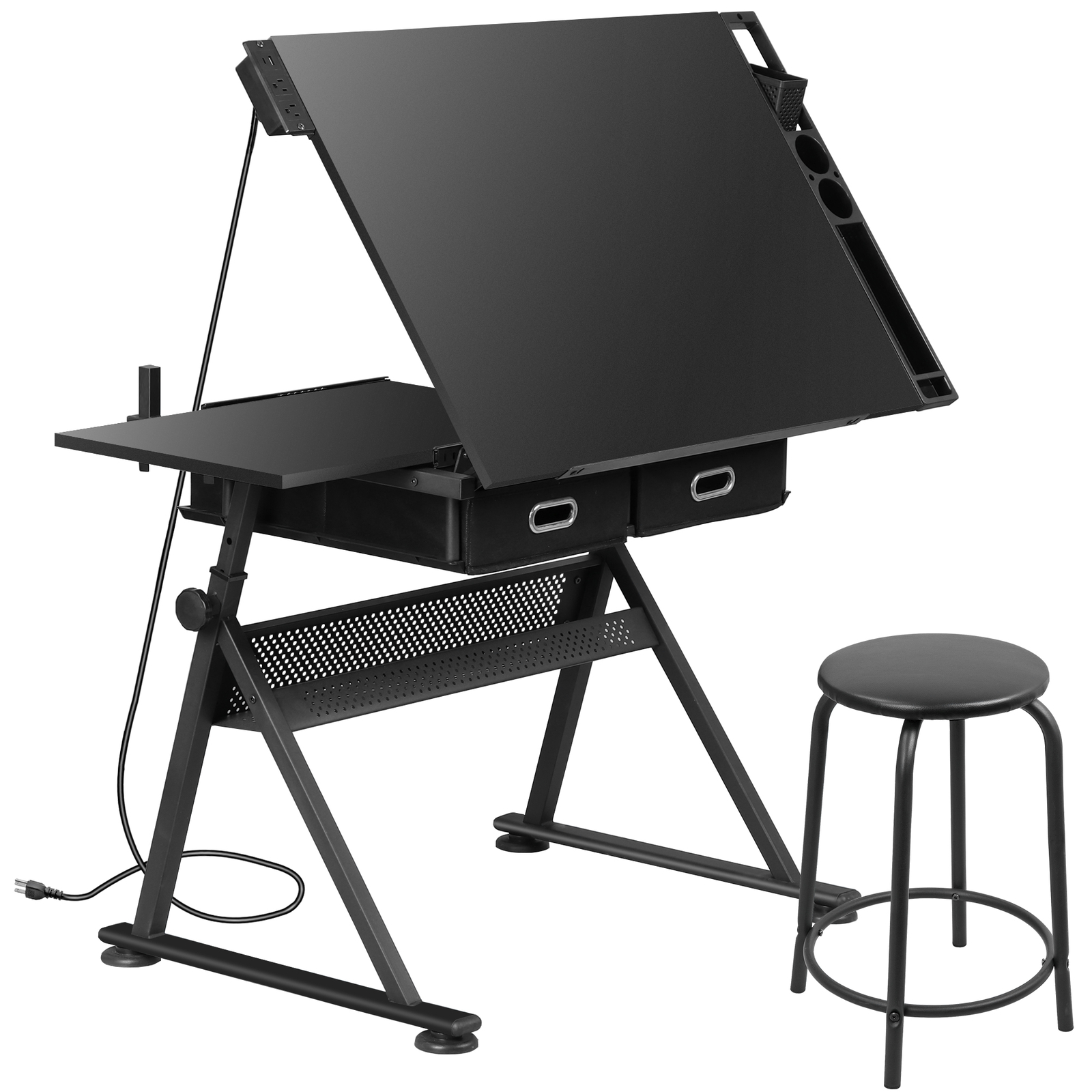 Adjustable Height Drafting Table for Artists Drawing Table with 2 Drawers Black
