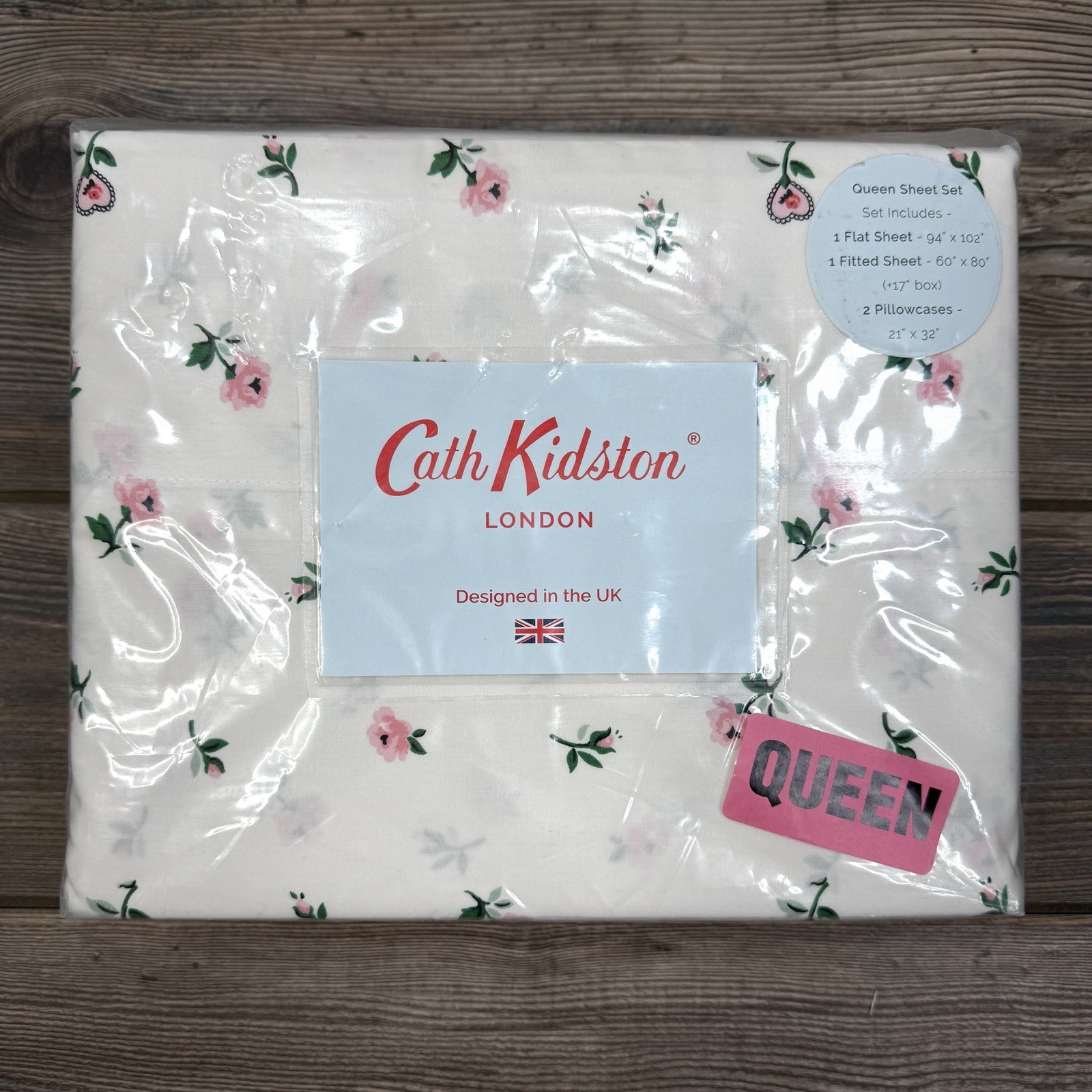 Cath Kidston QUEEN Sheet Set 4pc Lace Ditsy Pink Floral Rose 100% Cotton NEW