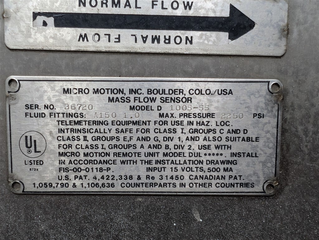 USED Micro Motion Model D 100S-SS Mass Flow Sensor