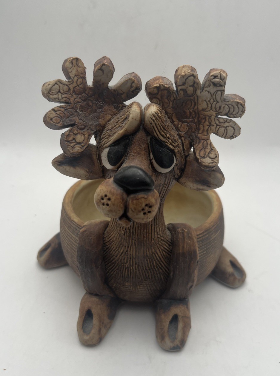 Handcrafted ceramic planter fashioned into a whimsical reindeer, Stamped EUC