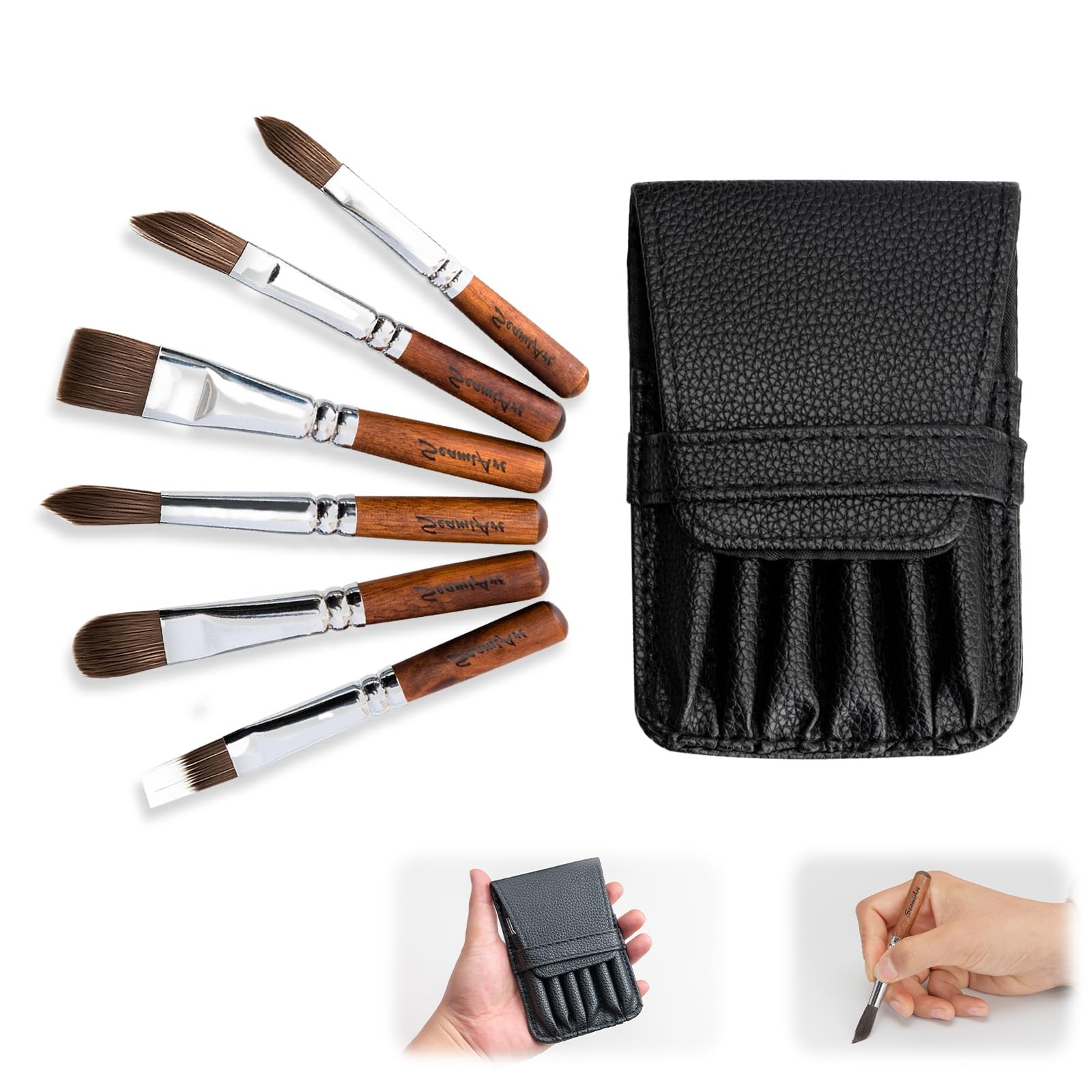 6 PCS Travel Watercolor Brush Set Short Handle Pocket Size PU Pouch Brown
