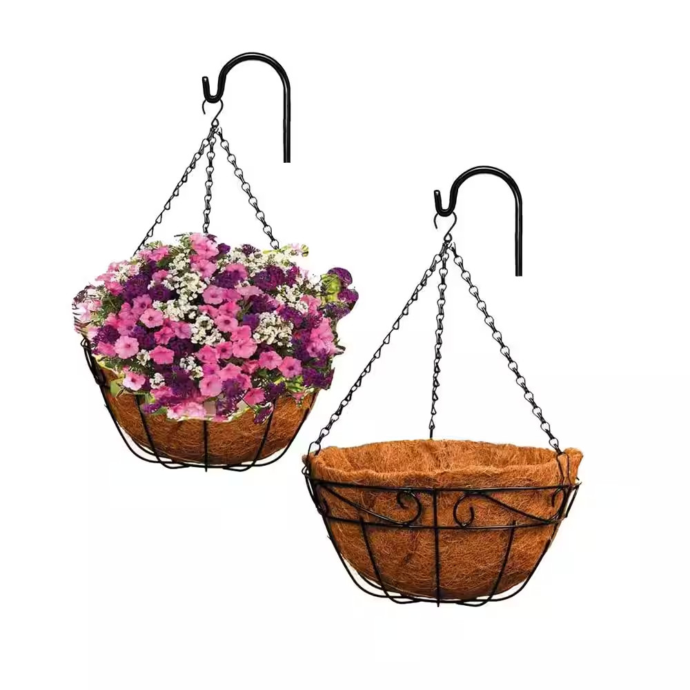 Large 12 In. Dia Black Metal Hanging Basket with Coco Liner (2-Pack)
